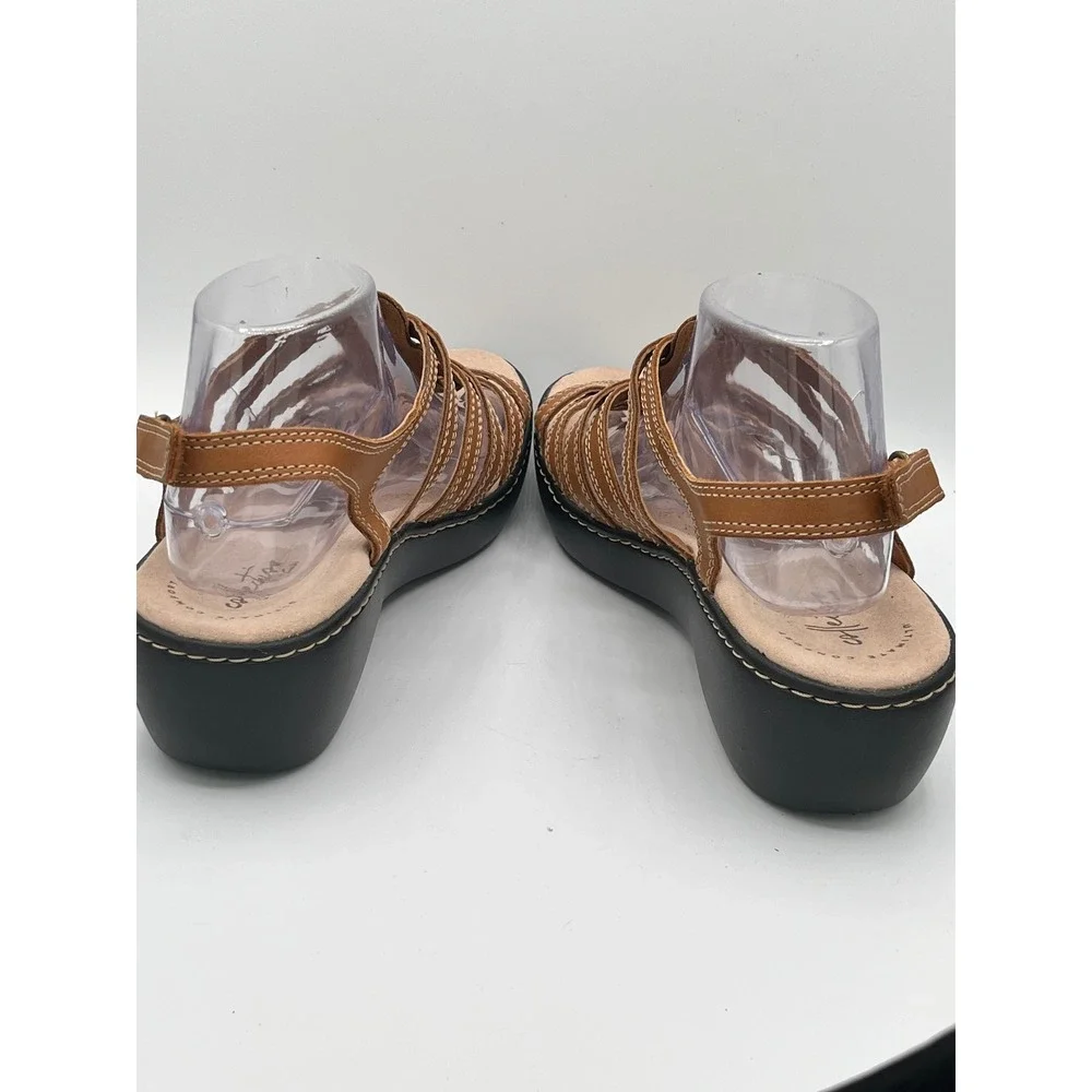 Clarks Delana Curve Women Sz 10M Tan Leather Strappy Wedge Sandals Comfort